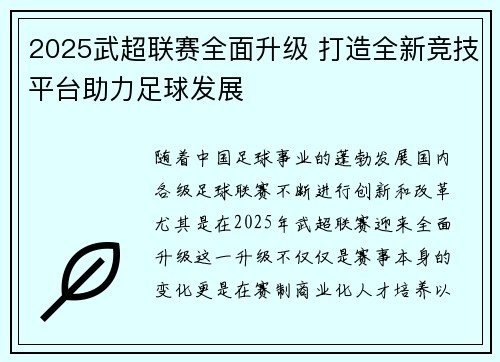 2025武超联赛全面升级 打造全新竞技平台助力足球发展