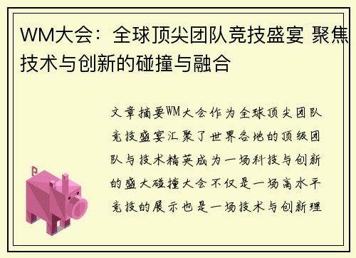 WM大会:全球顶尖团队竞技盛宴 聚焦技术与创新的碰撞与融合
