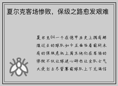 夏尔克客场惨败，保级之路愈发艰难