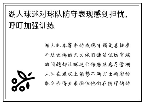湖人球迷对球队防守表现感到担忧，呼吁加强训练